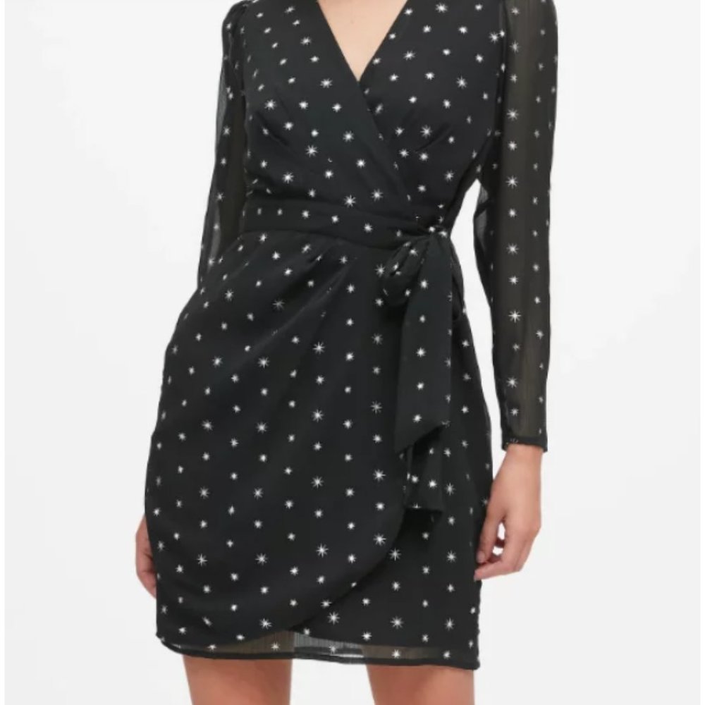 Metallic Star Puff-Sleeve Wrap Dress